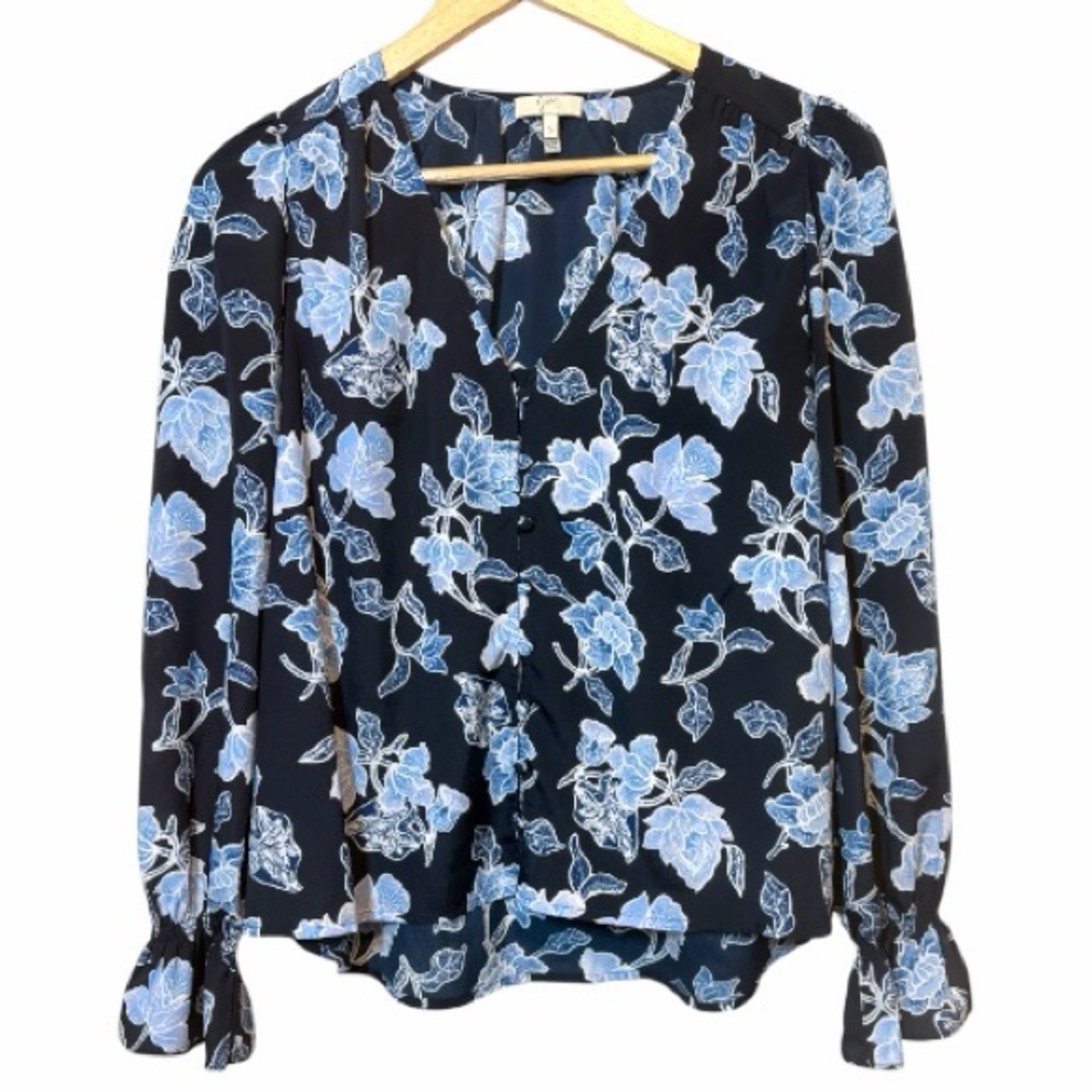 Joie Navy Blue and Light Blue Floral Print Long sleeves Blouse Size S - Picture 2 of 12